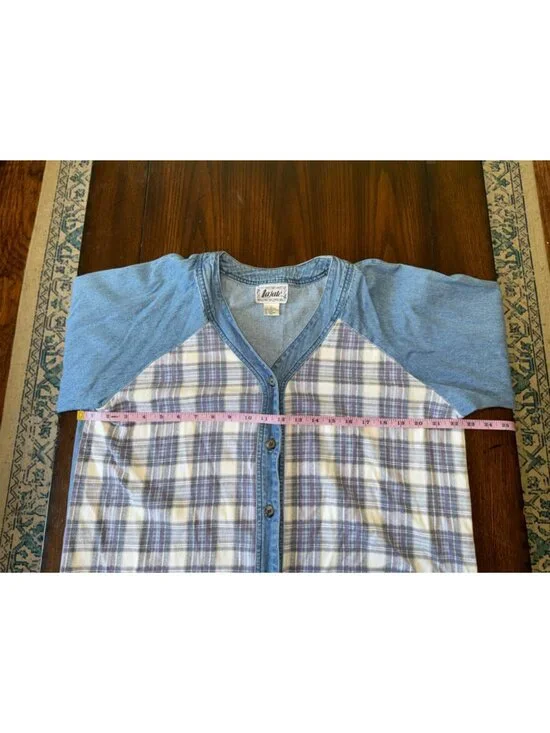 Lajate Denim & Plaid Flannel Button Down Shirt Shacket Womens Large 80s Vintage - Picture 8 of 9